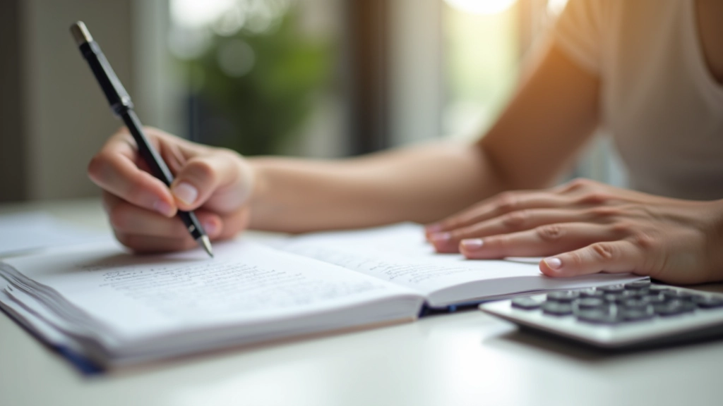 Personne notant ses dépenses mensuelles dans un carnet avec une calculatrice à proximité